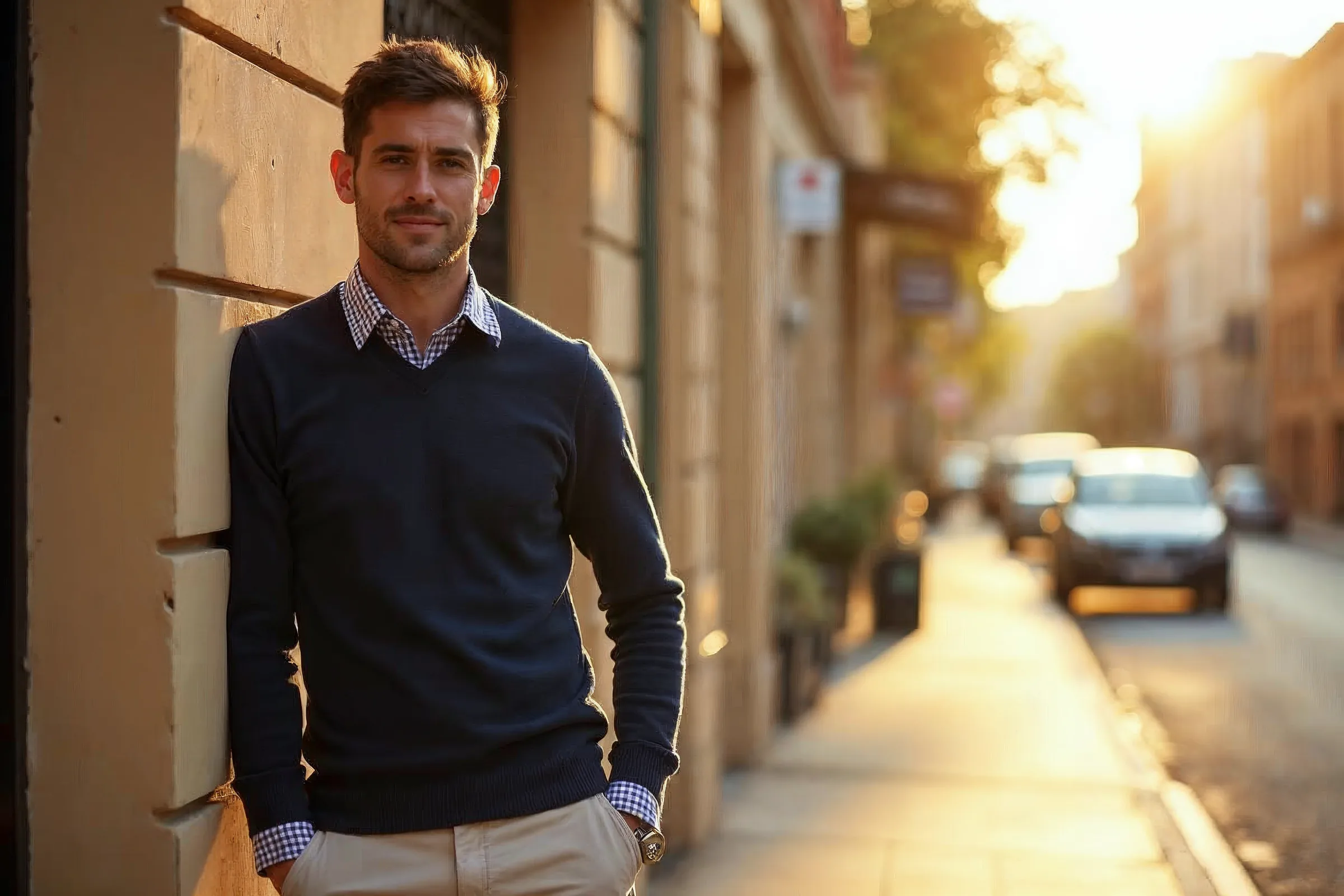 A man in a stone chino and navy jumper at a farm gate at golden hour